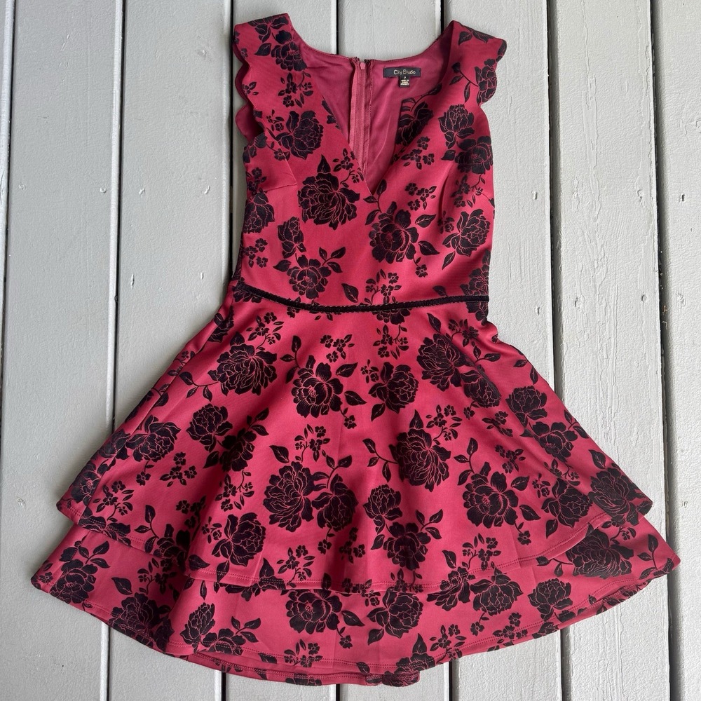 City Studio Velvet Burnout Red Dress fit flare‎ sleeveless dress size 7/8 Baddie